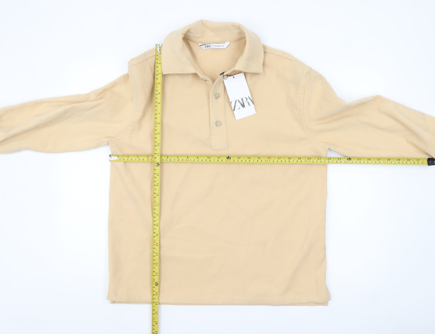 Zara Men's Beige Long Sleeve Polo Shirt Size S Regular Fit