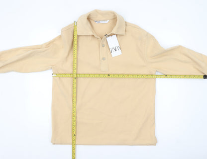 Zara Men's Beige Long Sleeve Polo Shirt Size S Regular Fit