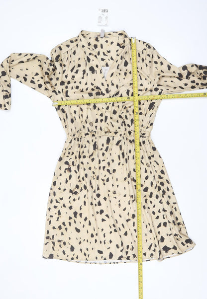 H&M Women Beige Animal Print V-Neck Shirt Dress Size 10