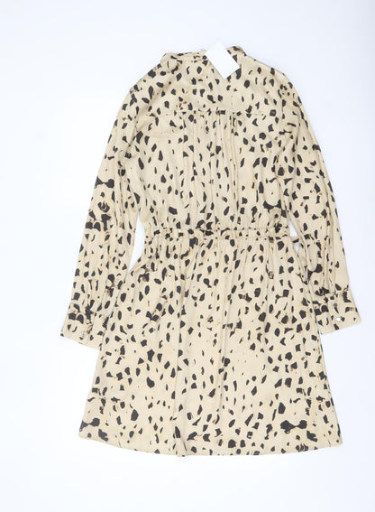 H&M Women Beige Animal Print V-Neck Shirt Dress Size 10
