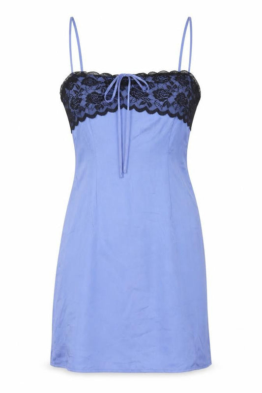 Front view of Missguided Women's Blue Lace Satin Slip Dress UK 10