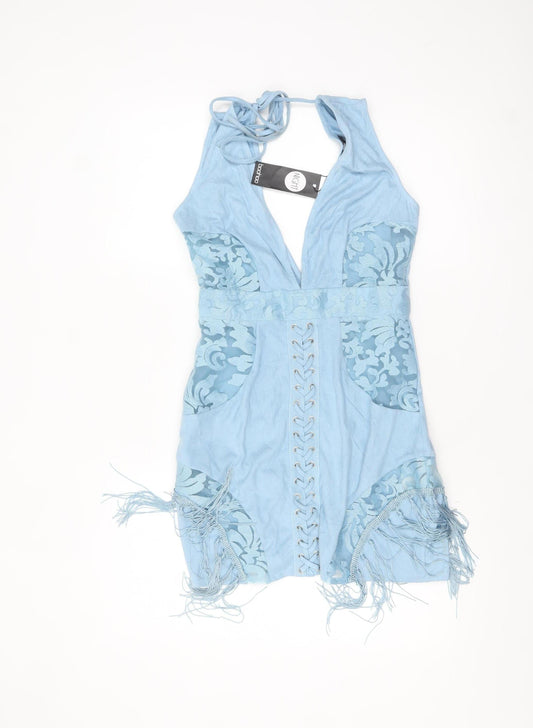 Boohoo Women’s Blue Halter Bodycon Fringe Party Dress Size 10