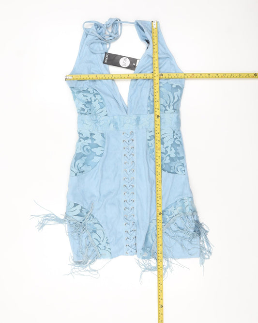 Boohoo Women’s Blue Halter Bodycon Fringe Party Dress Size 10
