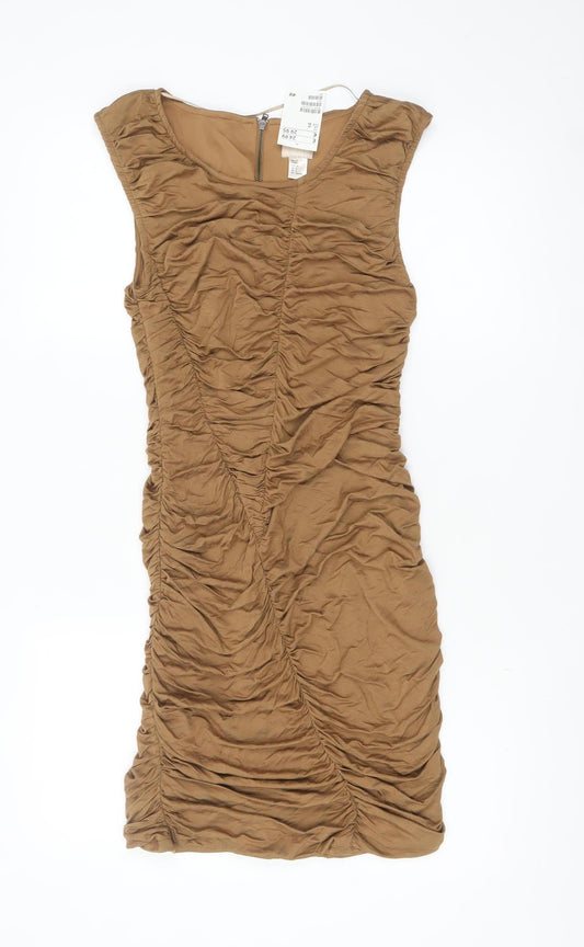 H&M Women’s Brown Bodycon Ruched Short Dress Size 8 Sleeveless