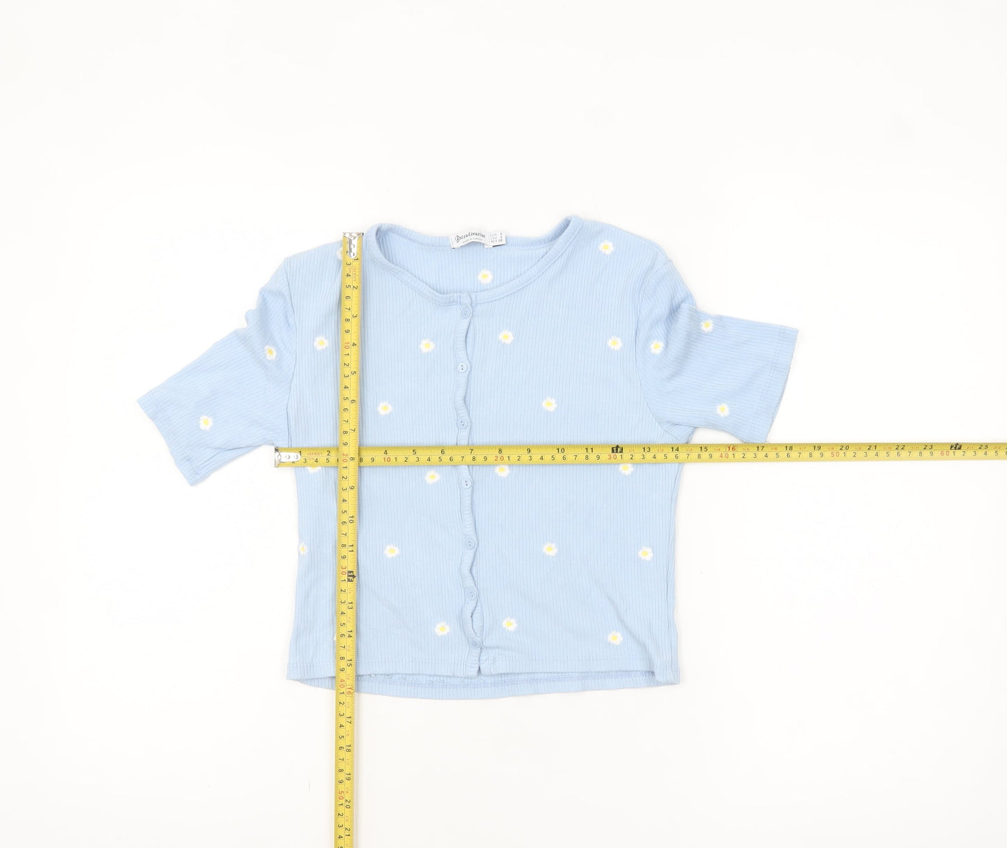 Stradivarius Women’s Blue Cropped Floral Button-Up Top Size 8