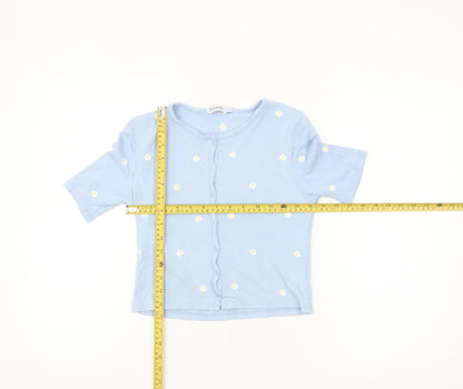 Stradivarius Women’s Blue Cropped Floral Button-Up Top Size 8
