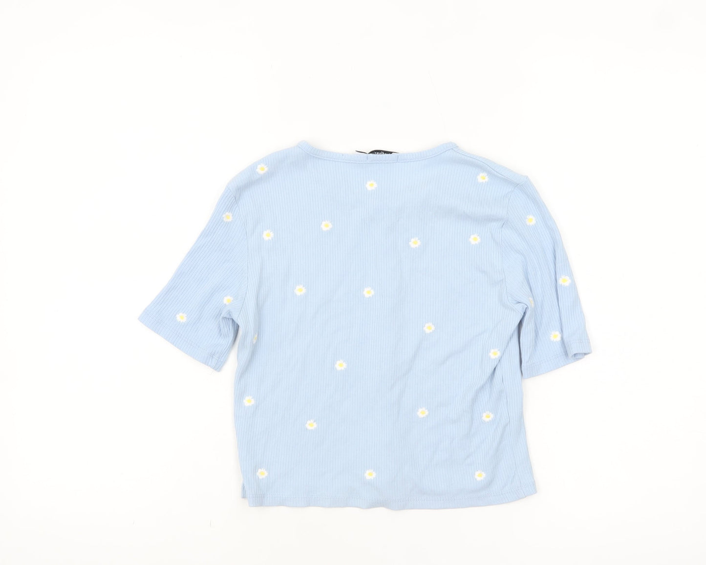 Stradivarius Women’s Blue Cropped Floral Button-Up Top Size 8