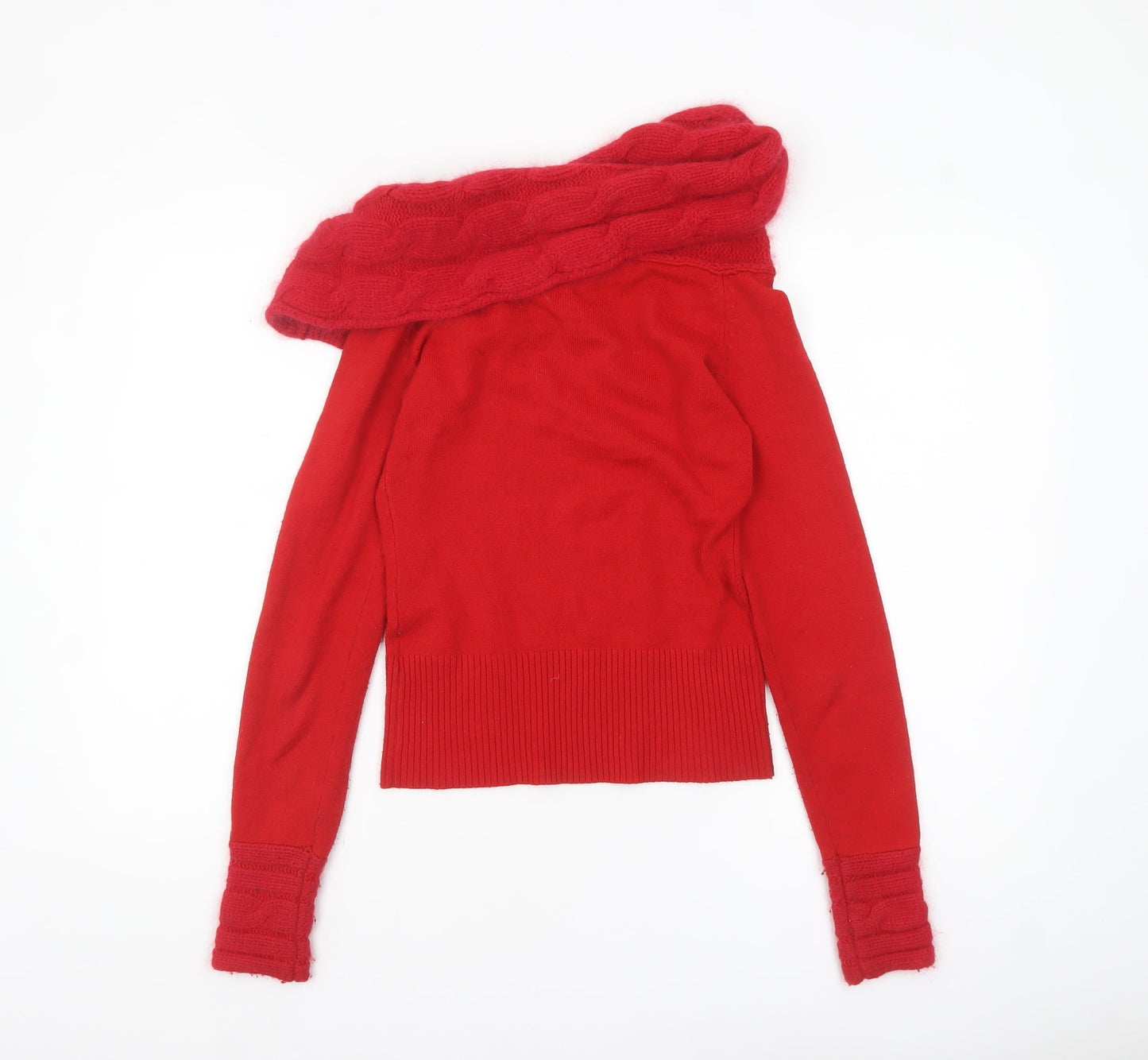 Jane Norman Women's Red Cowl Neck Cable-Knit Jumper Size 8