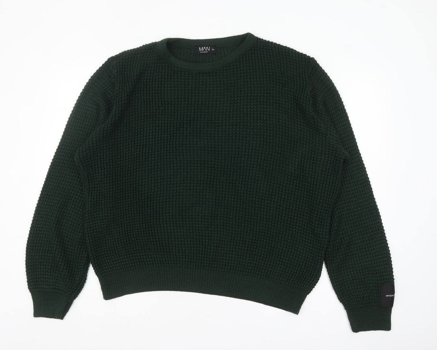 boohooMAN Men's Green Waffle Knit Cotton Crew Neck Jumper XL