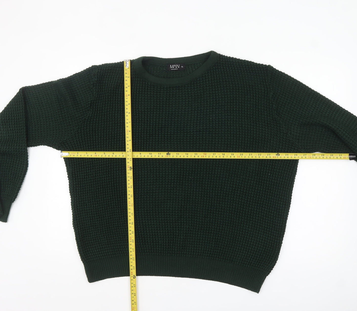 boohooMAN Men's Green Waffle Knit Cotton Crew Neck Jumper XL