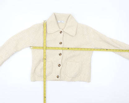 MNG Womens Beige Wool Blend Collared Cardigan Size S