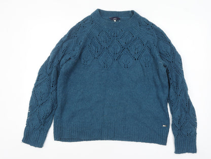 Joules Women Blue Open-Knit Wool Alpaca Crew Neck Jumper UK 10