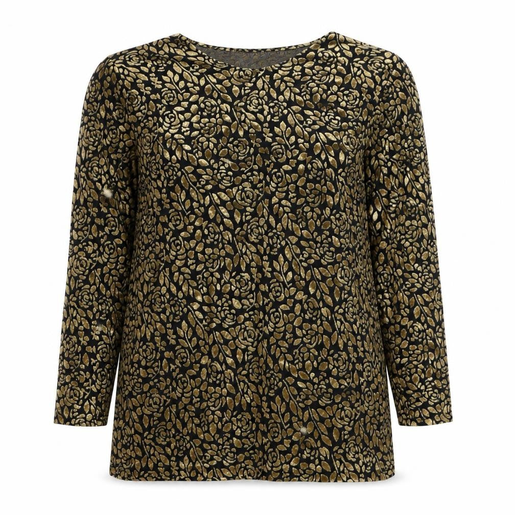 Front view of First Choice Women's Black Gold Floral Long Sleeve Tunic Top M