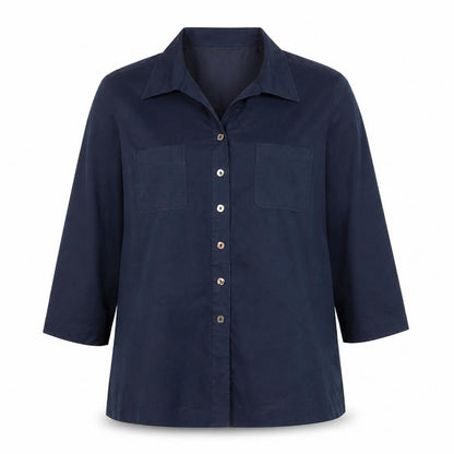 Front view of Country Casuals Women Blue, size 16, Button-Up 3/4 Sleeve Shirt