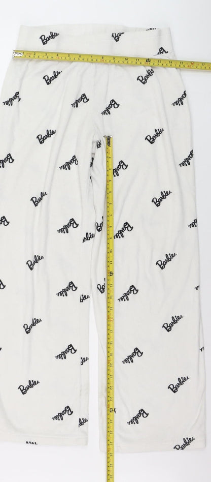 Barbie Women White Fleece Pyjama Pants Trousers Size 10-12 Very Good