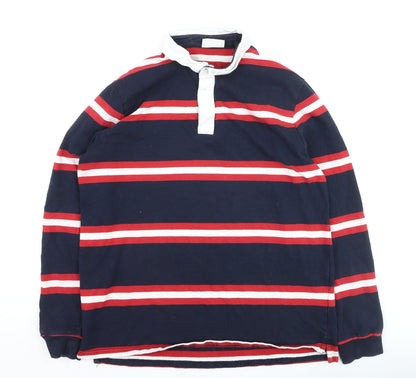 C&A Mens Blue Red Striped Long Sleeve Rugby Polo Shirt XL