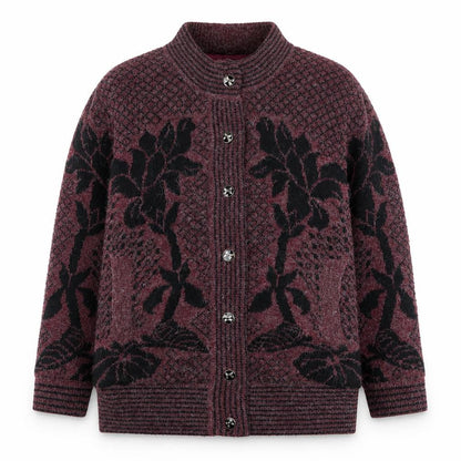 Reflect Womens Burgundy Black Floral Knit Cardigan S/M