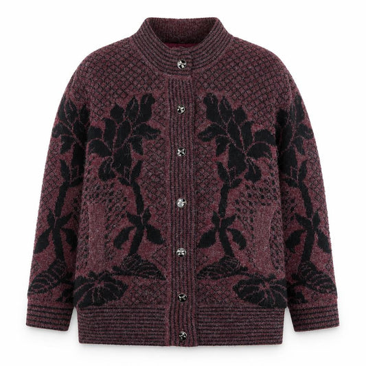 Reflect Womens Burgundy Black Floral Knit Cardigan S/M