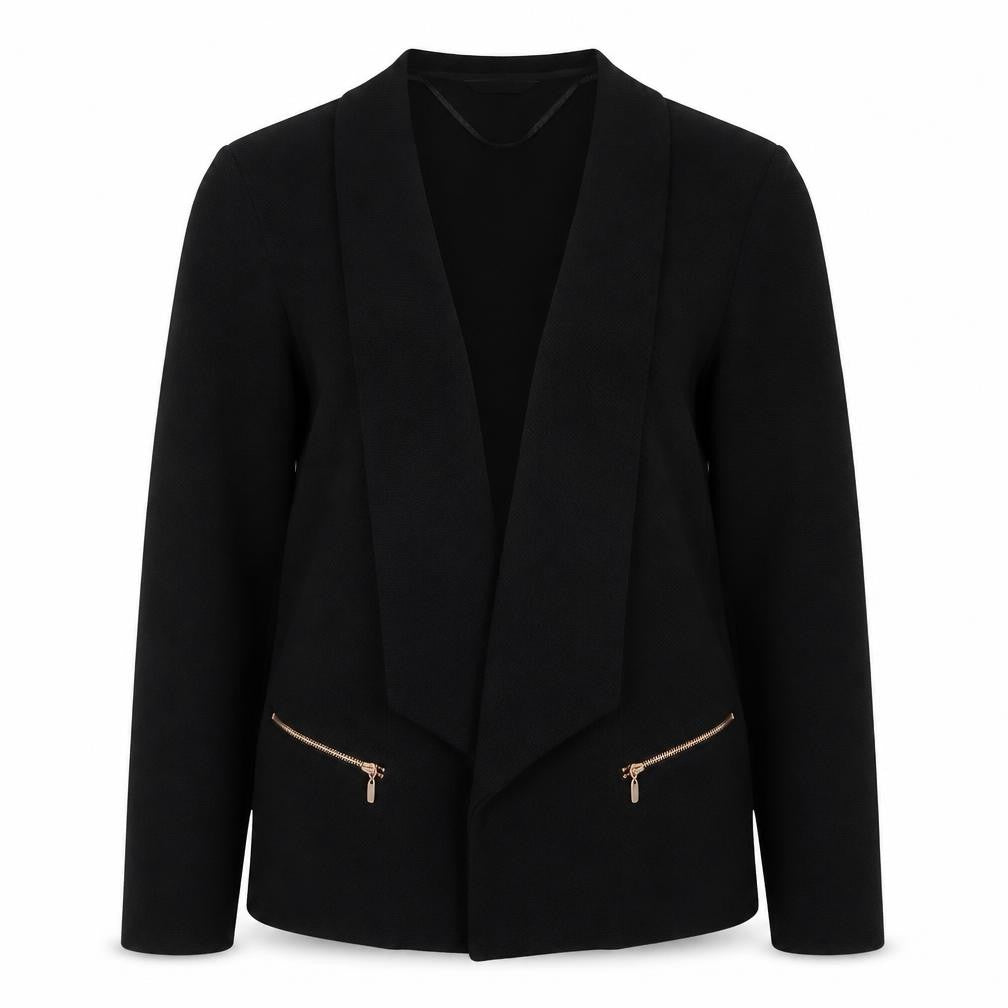 Roman Womens Black Size 10 Open Front Zip Pocket Blazer Jacket