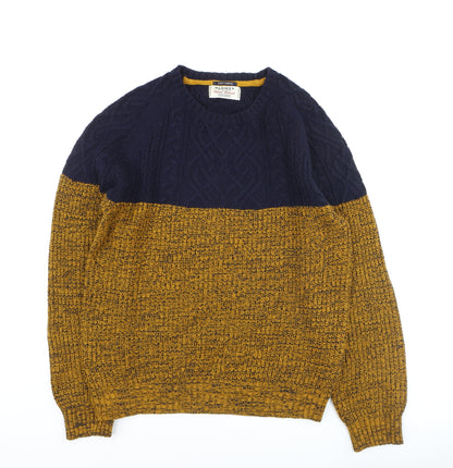 Alcott Men's Blue Yellow Chunky Cable Knit Crew Neck Jumper Size L