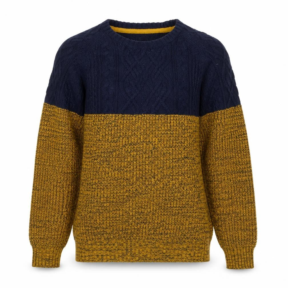Front view of Alcott Men's Blue Yellow Chunky Cable Knit Crew Neck Jumper, size L