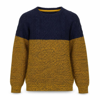 Front view of Alcott Men's Blue Yellow Chunky Cable Knit Crew Neck Jumper, size L