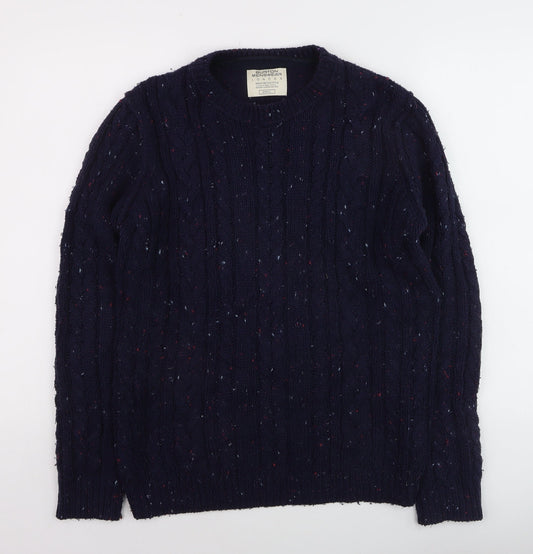 Burton Menswear Navy Wool Cable-Knit Crew Neck Jumper Small