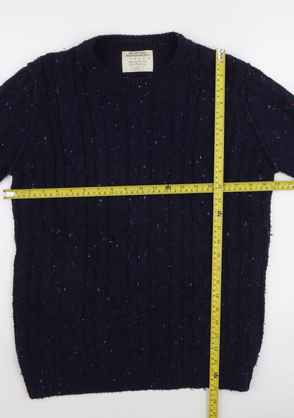 Burton Menswear Navy Wool Cable-Knit Crew Neck Jumper Small