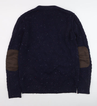 Burton Menswear Navy Wool Cable-Knit Crew Neck Jumper Small