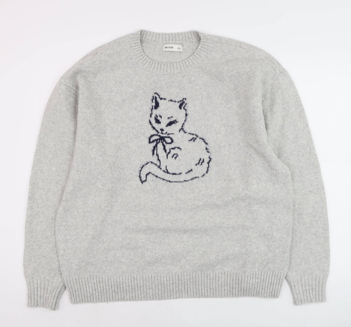 Hollister Womens Grey Cat Embroidered Wool Blend Crew Neck Jumper L