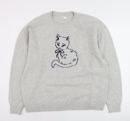 Hollister Womens Grey Cat Embroidered Wool Blend Crew Neck Jumper L