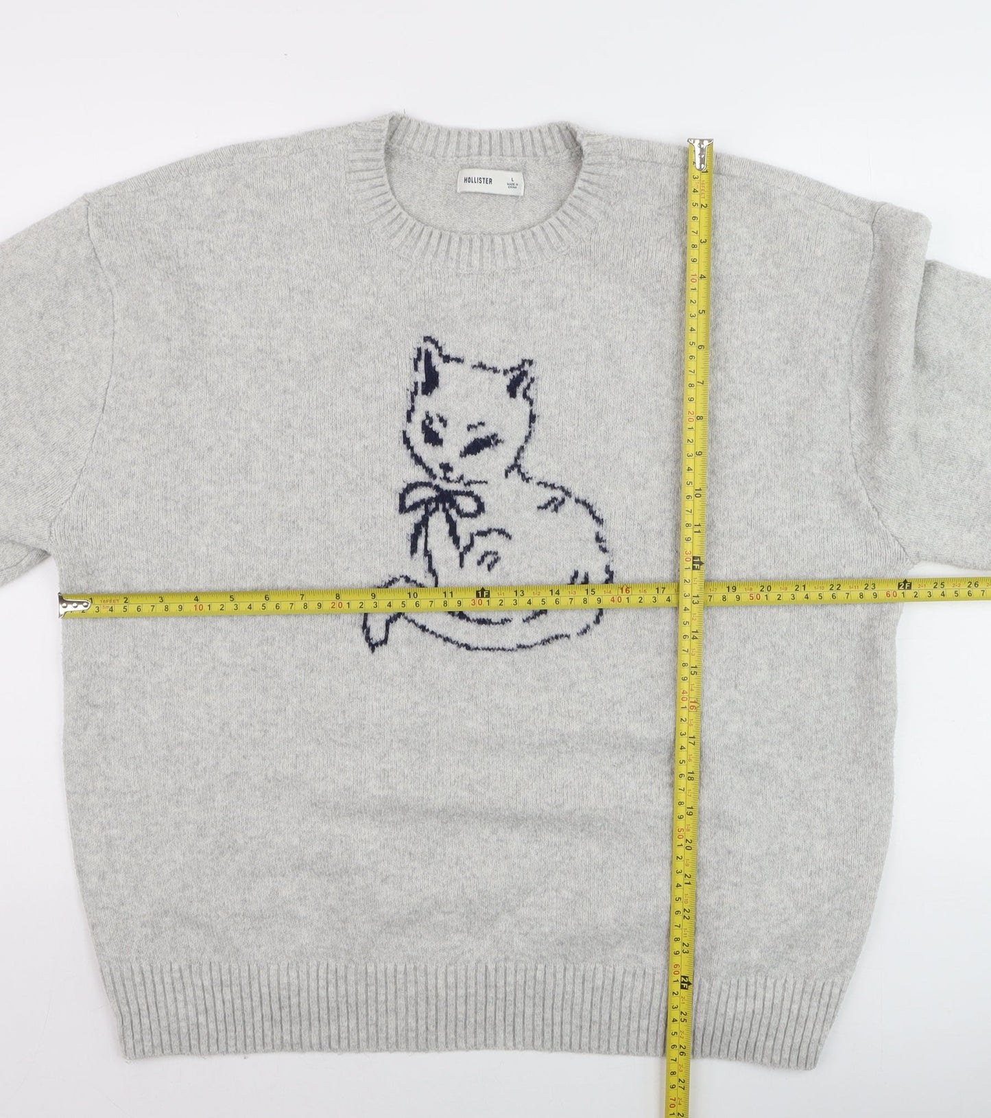 Hollister Womens Grey Cat Embroidered Wool Blend Crew Neck Jumper L