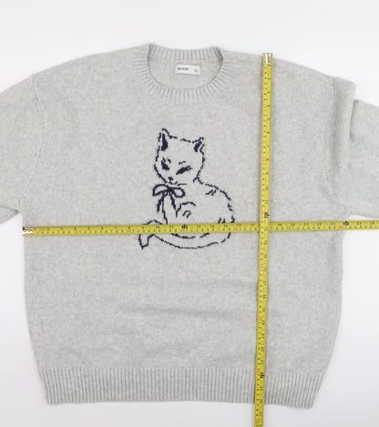 Hollister Womens Grey Cat Embroidered Wool Blend Crew Neck Jumper L
