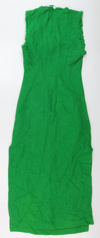 ZARA Women Green Sheath Midi Dress Size 8 Fringe Detail