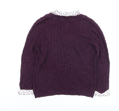 Maine New England Women's Purple Cable-Knit V-Neck Cotton Jumper Size 14