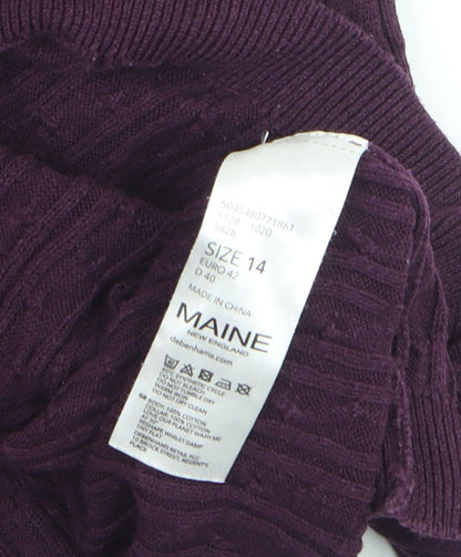 Maine New England Women's Purple Cable-Knit V-Neck Cotton Jumper Size 14
