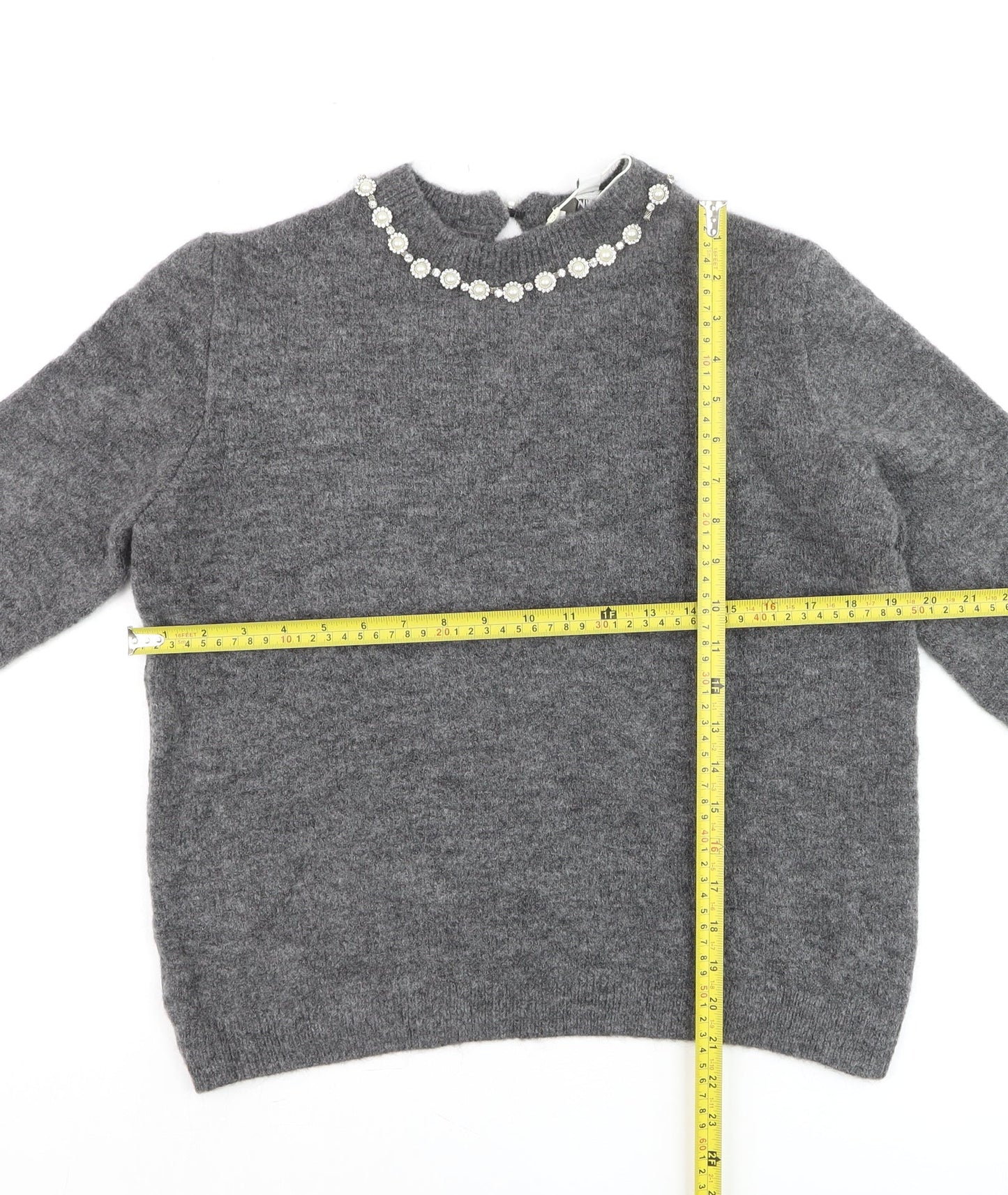 Marks and Spencer Women's Grey Beaded Crew Neck Knit Jumper M