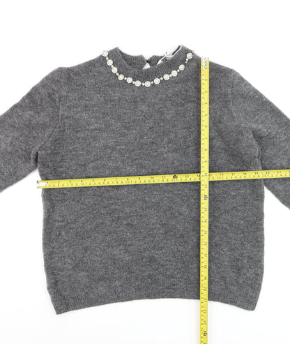 Marks and Spencer Women's Grey Beaded Crew Neck Knit Jumper M