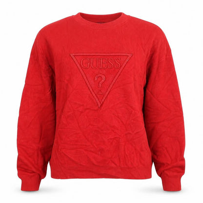 Front view of Guess women’s red crew neck logo jumper, size S