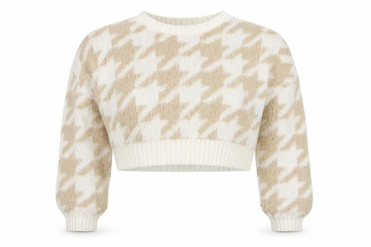 Front view of PRETTYLITTLETHING Women’s Beige Houndstooth Knit Jumper, size S