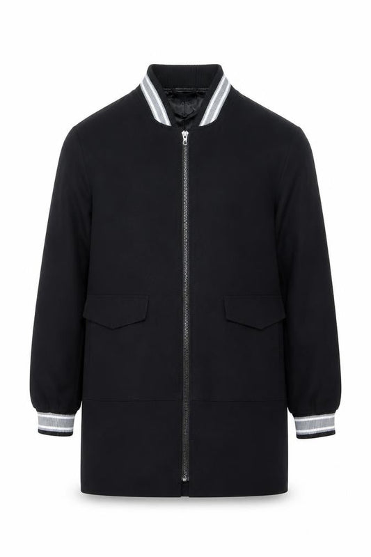 Front view of A&G Men's Black Bomber Jacket L Lined Full Zip Mid-Length