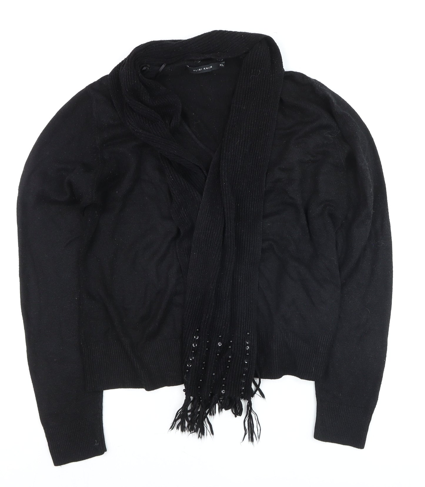 Alibi Knits Women’s Black XL Acrylic Knit Cardigan with Fringe