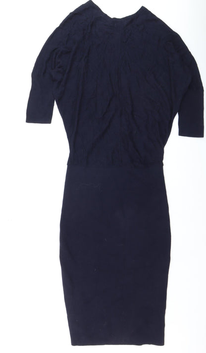 Jigsaw Women’s Blue Wool Bodycon Knit Dress XS 3/4 Sleeve