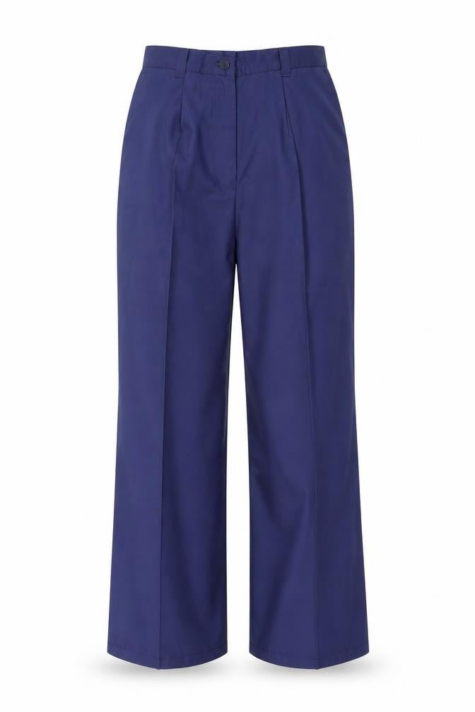 Front view of Rizues Women Blue Workwear Trousers, size 8, Wide-Leg Polyester Blend
