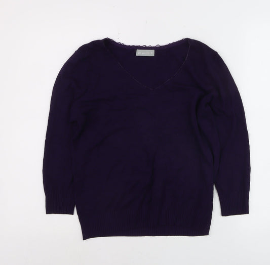 Marks and Spencer Per Una Women's Purple V-Neck Cotton Jumper Size 14