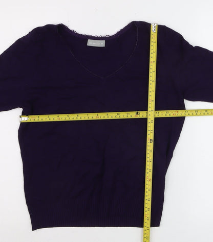 Marks and Spencer Per Una Women's Purple V-Neck Cotton Jumper Size 14