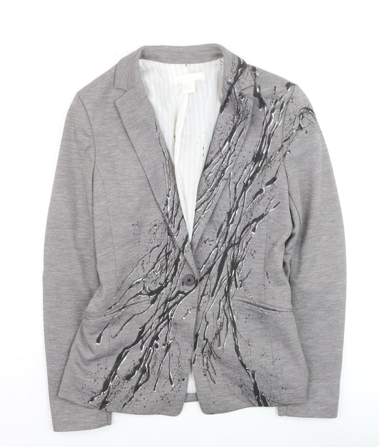 H&M Women’s Grey Abstract Print Single-Breasted Blazer Size 8