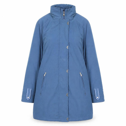 Front view of Katherine Hammond Women's Blue Long Coat, size 14, Lined Overcoat
