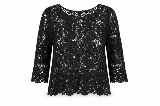 Front view of Steilmann Women's Black Lace 3/4 Sleeve Blouse, size 10