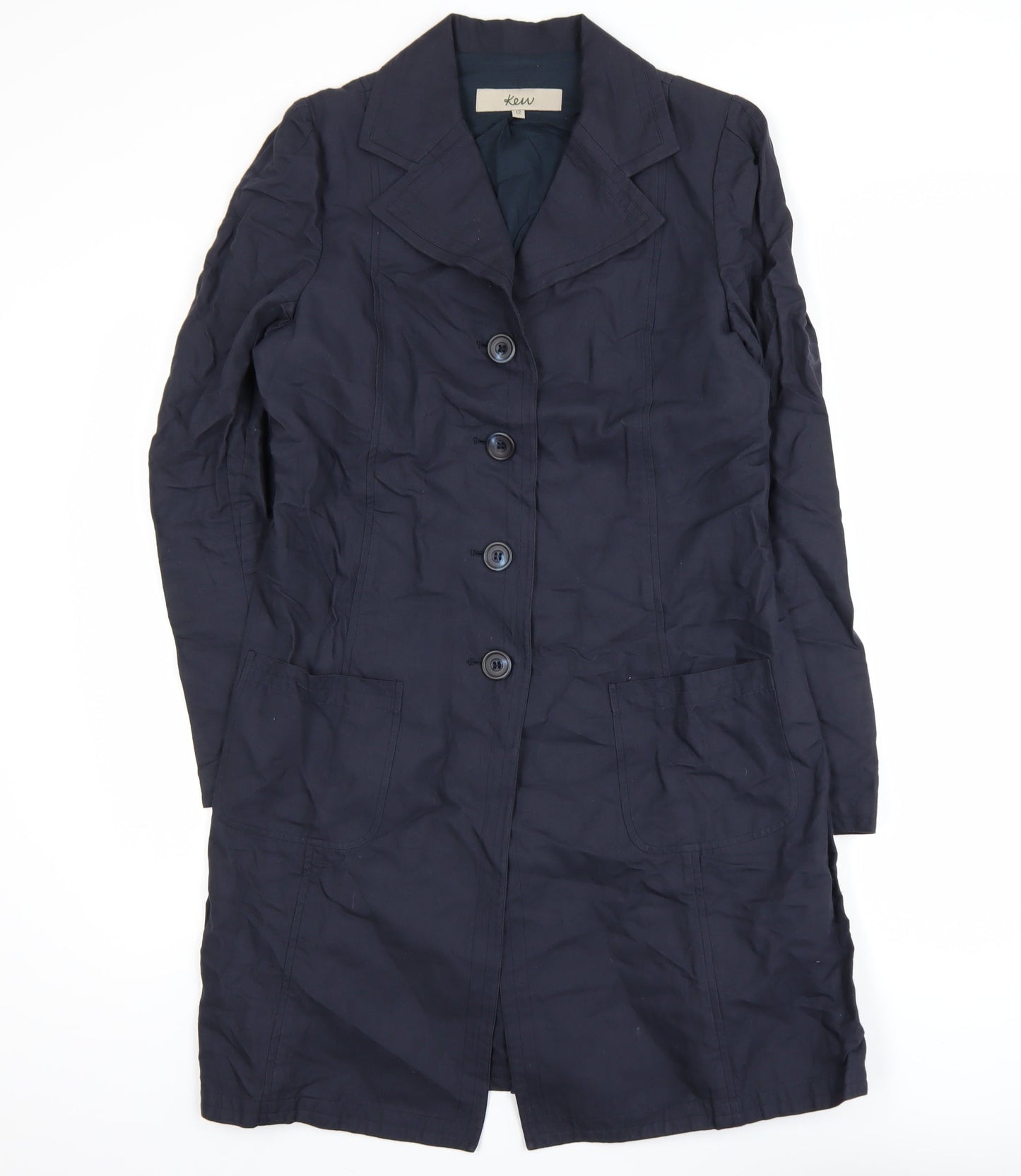 Kew Women’s Blue Cotton Long Trench Coat Size 12 Buttoned Lined